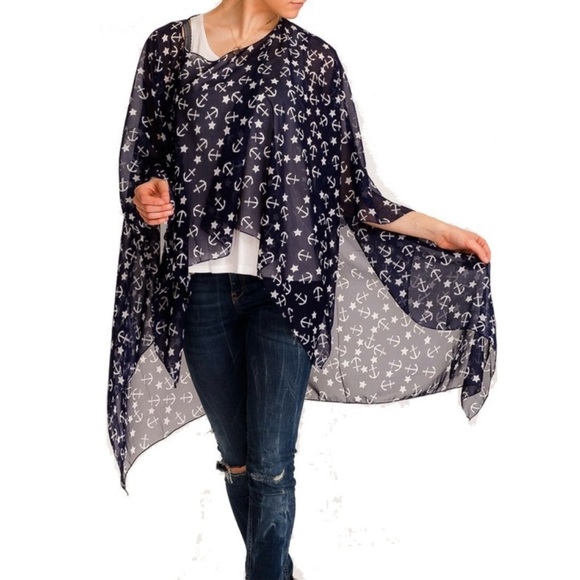 Anchor & Star Print Women's Navy Blue Semi Sheer Pullover Kimono Top One Size - Picture 2 of 4